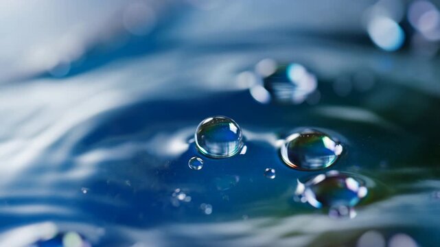 Reflective bubbles drift across a gently rippling blue water surface. Wellness promotion, spa advertising, and water purification campaigns.