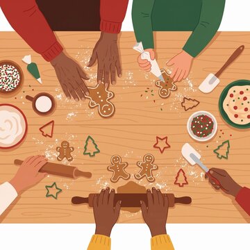 Family Christmas Baking with Gingerbread Cookies on Wooden Table