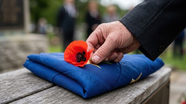 Hand placing a red remembrance poppy on a folded blue flag during a memorial ceremony