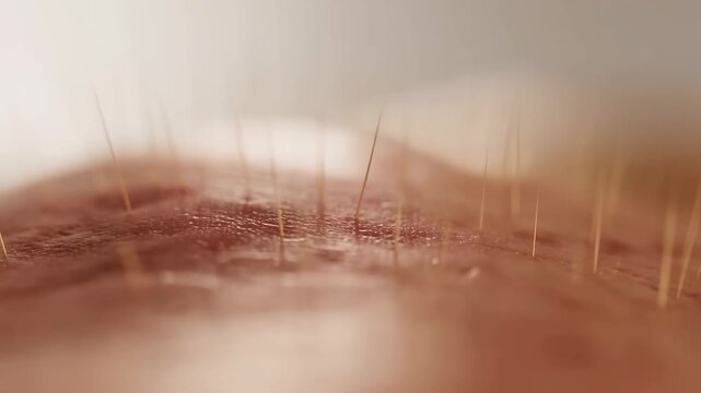 Macro animation of hair follicles emerging through textured skin in a microscopic biological environment. Dermatology education, hair growth treatment advertising, and skincare campaigns.
