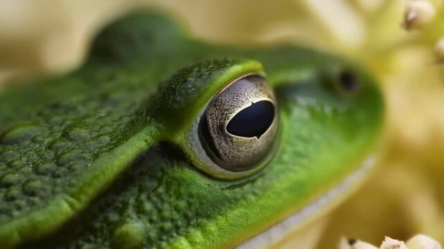 Green frog resting among leaves and pale flowers in an extreme close-up of natural vegetation. Wildlife documentaries, amphibian education, and nature programming.