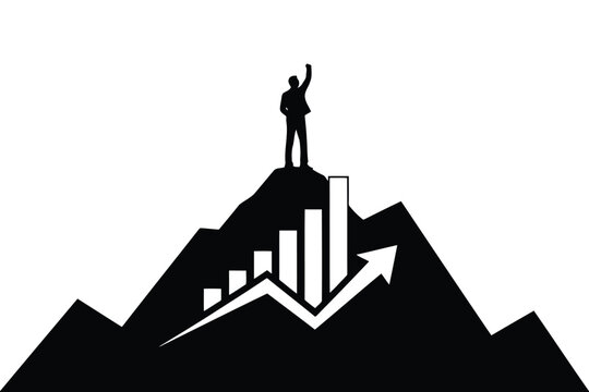 Person celebrates reaching mountain peak with ascending business bar chart.