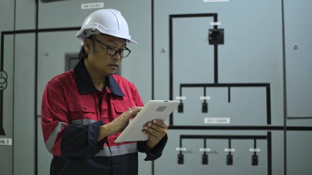 Engineer checking and inspecting at MDB panel working with electric switchboard to check range of voltage working in Main Distribution Boards factory.	