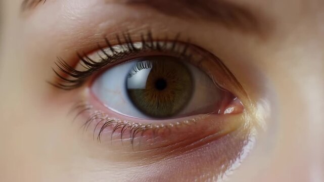 Extreme close-up of a brown human eye blinking with detailed eyelashes and skin texture. Eye care advertising, optometry services, and ophthalmology education.