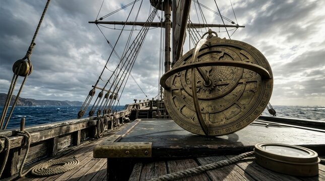 Armillary sphere on a historical sailing ship deck at sea