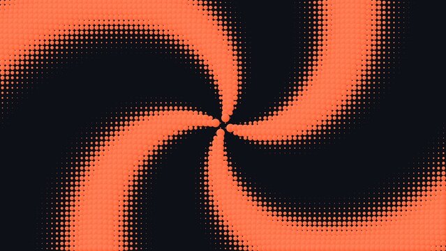 Swirling spiral pattern composed of orange halftone dots, creating a dynamic vortex shape against a solid dark black background texture