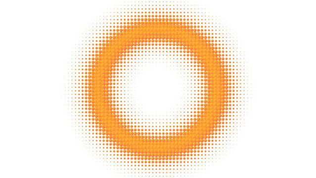 Orange halftone circle with a radial dot pattern on a black background, concentric circular gradient, abstract for visuals