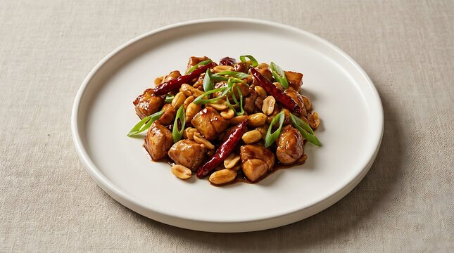 Kung pao chicken with peanuts and green onions on a round plate. kung pao chicken