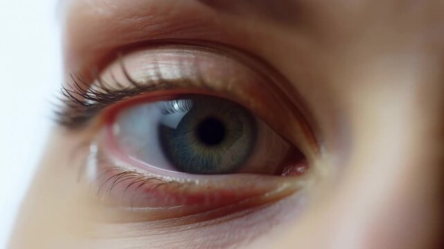Extreme close-up of a human eye opening and blinking in a macro facial view. Ophthalmology advertising, optometry clinic promotion, and eye examination campaigns.