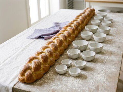 Braided challah bread arranged on a rustic table