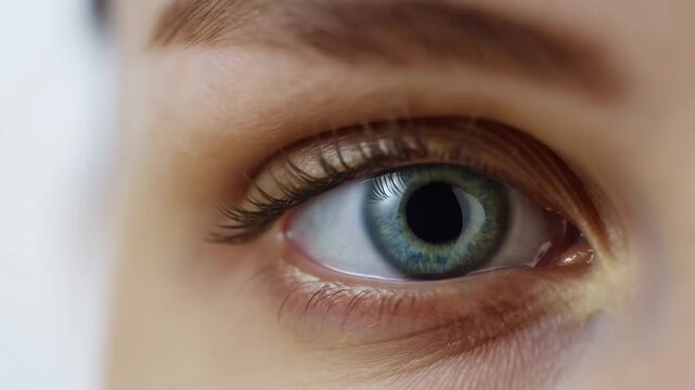 Extreme close-up of a green human eye gazing in a frontal macro view. Ophthalmology advertising, optometry services, and eye care campaigns.