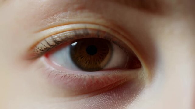 Brown human eye looking toward the camera in an extreme close-up with detailed iris and eyelashes. Ophthalmology advertising, optometry services, and eye care campaigns.