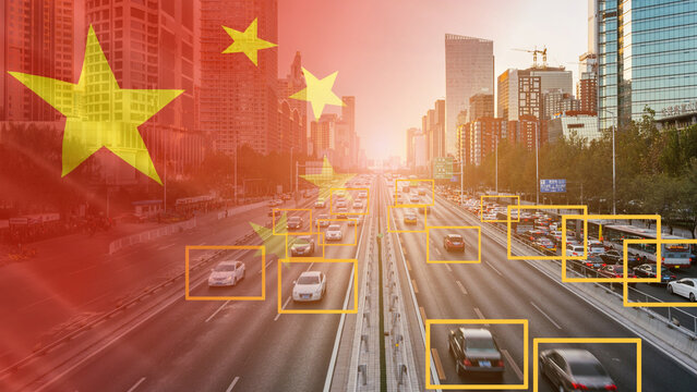 China's smart urban transportation network and AI-powered traffic monitoring systems, featuring a multi-lane city avenue with automated vehicle detection bounding boxes, a superimposed Chinese 