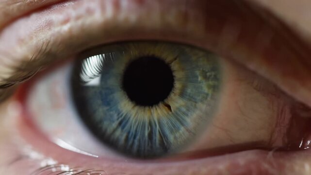 Extreme close-up of a human eye with detailed iris and subtle natural movement. Eye care advertising, optometry services, and ophthalmology education.