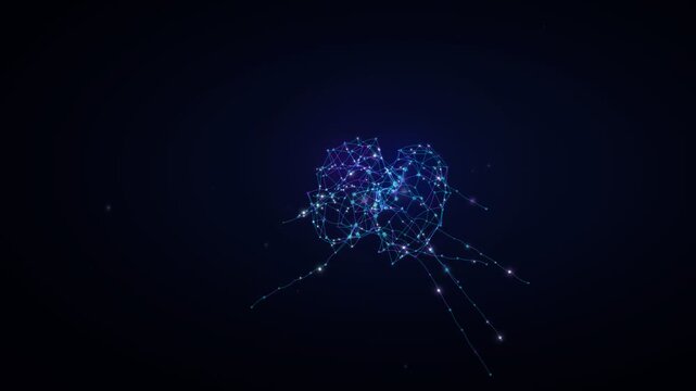 Glowing blue neural network brain shape floating in dark space