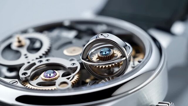 Exposed mechanical watch movement with rotating gears and oscillating balance assembly in a polished. Watchmaking education, luxury watch advertising, and horology presentations.