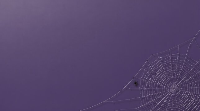 Intricate spider web with sparkling dew drops on a deep purple gradient background halloween background mysterious