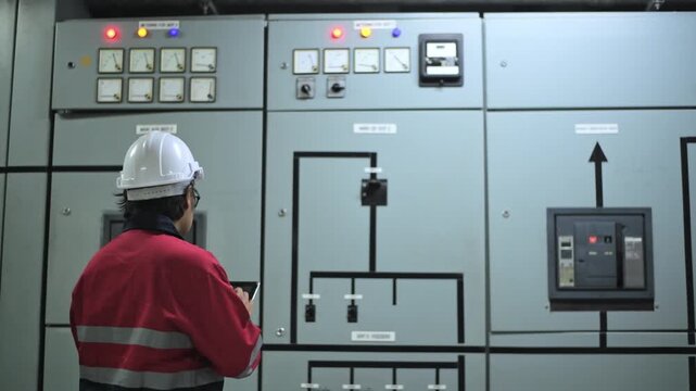 Engineer checking and inspecting at MDB panel working with electric switchboard to check range of voltage working in Main Distribution Boards factory.	