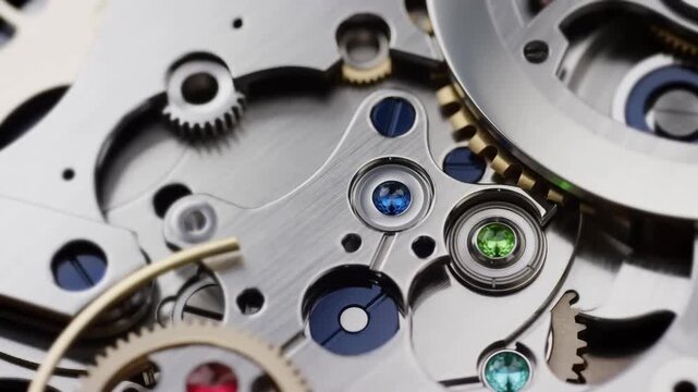 Rotating mechanical watch movement in an extreme macro studio view. Watchmaking education, luxury timepiece advertising, and precision engineering presentations.