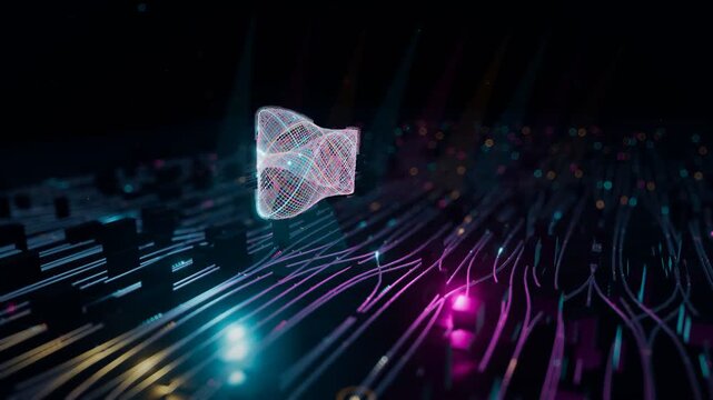Glowing woven sphere core above digital circuit board data streams