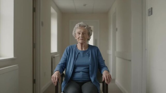 Elderly Woman Slowly Sitting Down in a Care Home Hallway Chair