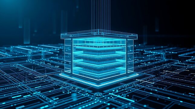 Abstract digital network structure with glowing blue lines and data streams on dark background