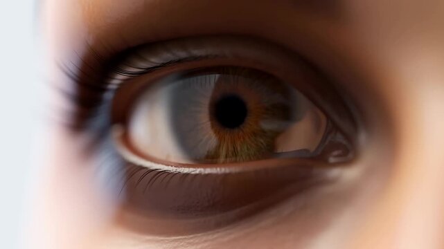 Human eye opening in an extreme close-up as the brown iris settles into focus. Eye care advertising, optometry services, and ophthalmology education.