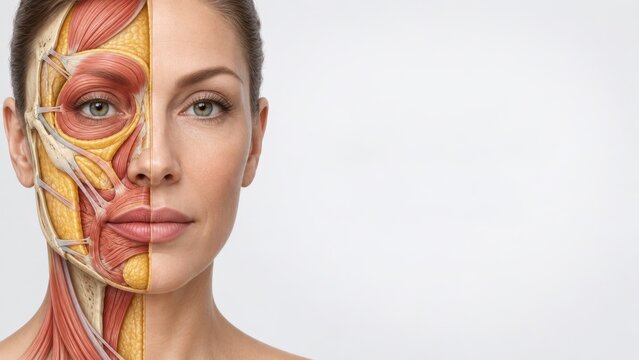 Detailed facial anatomy illustration showing muscle layer right half and natural skin left half of woman face