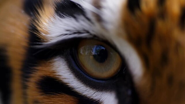 Tiger eye blinks in an extreme close-up wildlife portrait with striped fur. Wildlife documentaries, animal conservation campaigns, and zoology education.