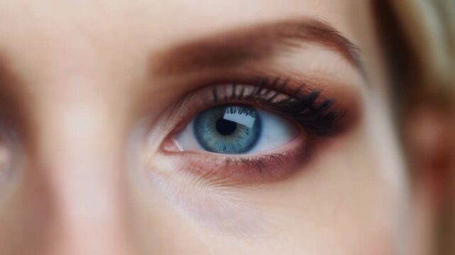 Blue eye looking toward camera in an extreme close-up portrait with dark makeup. Beauty advertising, eye makeup campaigns, and skincare marketing.