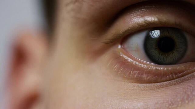 Extreme close-up of a green human eye gazing toward the camera in a softly blurred neutral setting. Optometry advertising, eye care campaigns, and ophthalmology education.