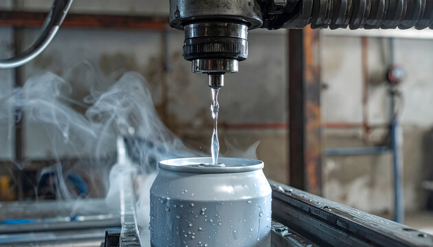 Professional industrial CNC machining process of a metal aluminum can with cooling liquid spray and rising steam vapor