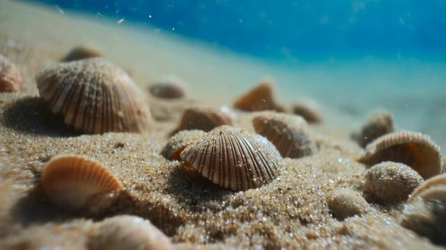 Ribbed seashells drift gently on a sandy seabed beneath clear blue water. Marine biology education, ocean conservation campaigns, and nature documentaries.