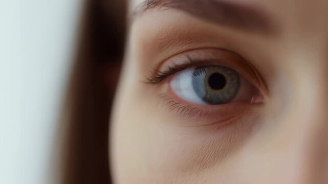 Extreme close-up of a human eye blinking against a soft pale background. Eye care advertising, optometry services, and ophthalmology education.