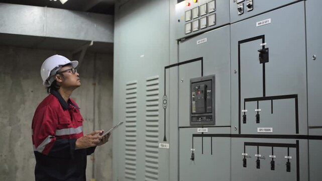 Engineer checking and inspecting at MDB panel working with electric switchboard to check range of voltage working in Main Distribution Boards factory.	