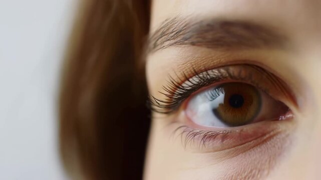 Extreme close-up of a brown human eye looking toward the camera in a soft neutral studio setting. Eye care advertising, optometry services, and mascara promotion.
