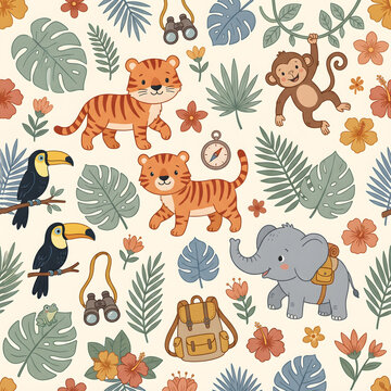 Cute Little Jungle Explorer Seamless Pattern for Kids