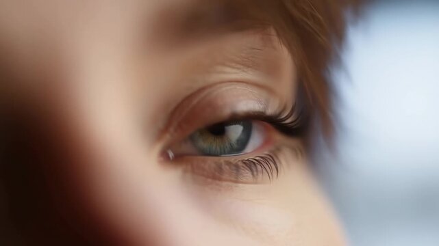 Human eye blinks and opens in an extreme close-up portrait with a softly blurred background. Eye care advertising, optometry services, and ophthalmology education.