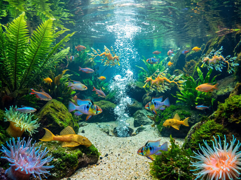 Colorful Tropical Aquarium with Fish Sea Dragons and Bubbles