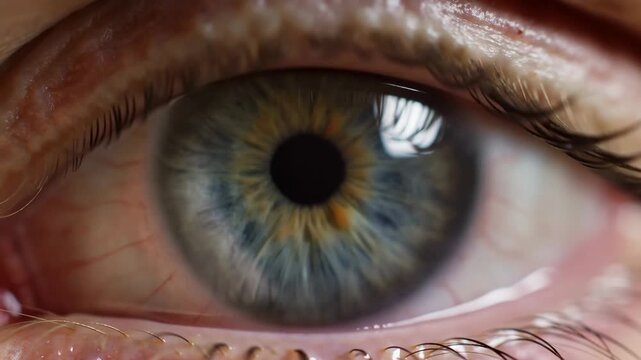 Extreme close-up of an open blue-gray human eye with detailed iris and subtle movement. Eye care advertising, optometry services, and ophthalmology education.