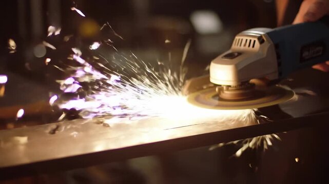 Metalworker operates an angle grinder on a steel beam in an industrial workshop. Industrial manufacturing advertising, metalworking education, and construction trade training.