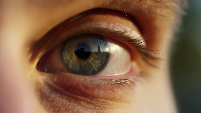 Extreme close-up of a human eye shifting subtly against a softly blurred background. Eye care advertising, optometry marketing, and ophthalmology education.