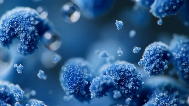 Blue microscopic particles drift through a softly defocused abstract field. Science presentations, biotechnology media, and medical technology design.