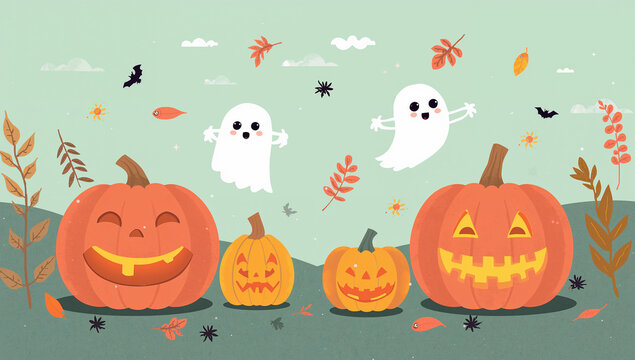 Cute cartoon halloween pumpkins and friendly ghosts illustration with autumn leaves jack o lantern halloween illustration seasonal friendly celebration background decoration cheerful