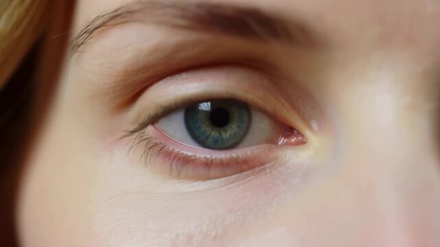Extreme close-up of a human eye with subtle eyelid movement and a green-blue iris. Optometry advertising, ophthalmology education, and eye care campaigns.