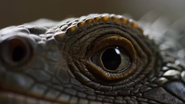 Reptile eye looking from a natural habitat in extreme close-up. Wildlife documentaries, reptile education, and zoology lessons.