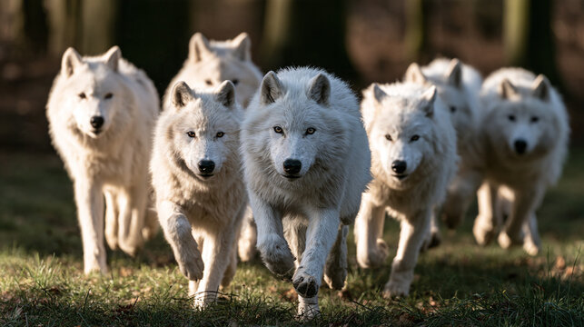 A pack of arctic wolves, Canis lupus arctos, run through the forest