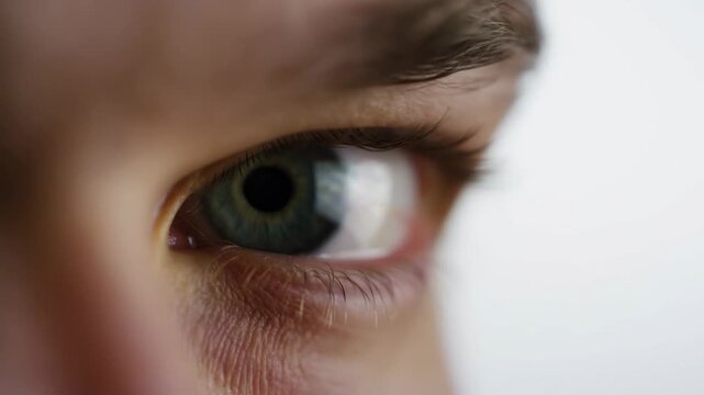 Human green eye shifts its gaze sideways in an extreme close-up against a softly blurred pale background. Eye care advertising, optometry services, and ophthalmology education.