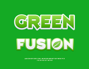 Naklejka premium Vector Modern icon Green Fusion with Decorative Leaf. Bright Creative Font. Trendy set of Artistic Alphabet Letters and Numbers.