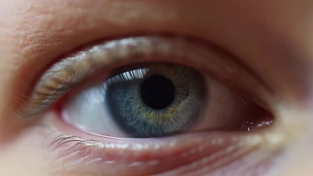 Extreme close-up of a gray-blue human eye subtly shifting within the eyelid and eyelashes. Eye care advertising, optometry services, and ophthalmology education.